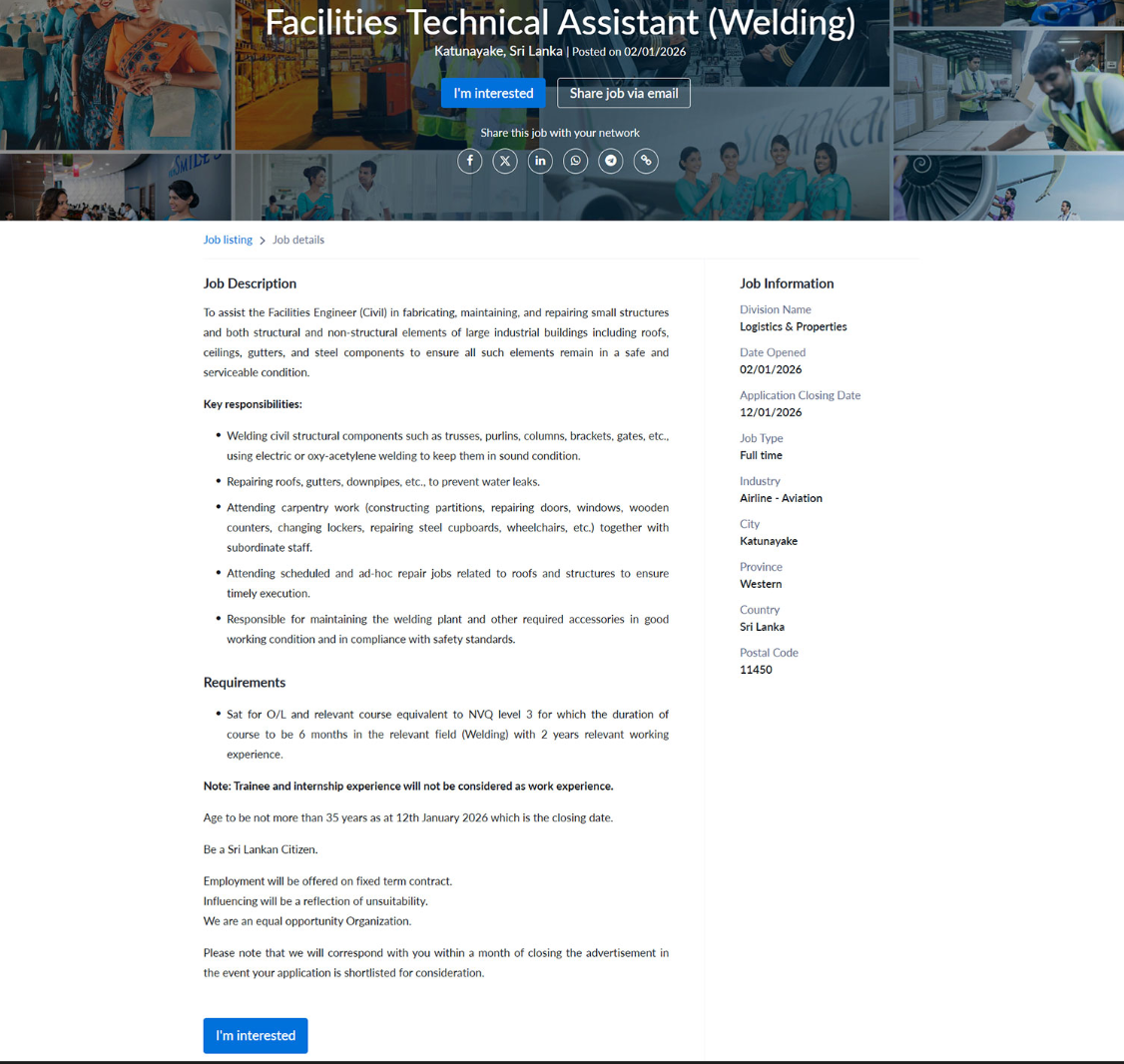 Facilities Technical Assistant - SriLankan Airlines
