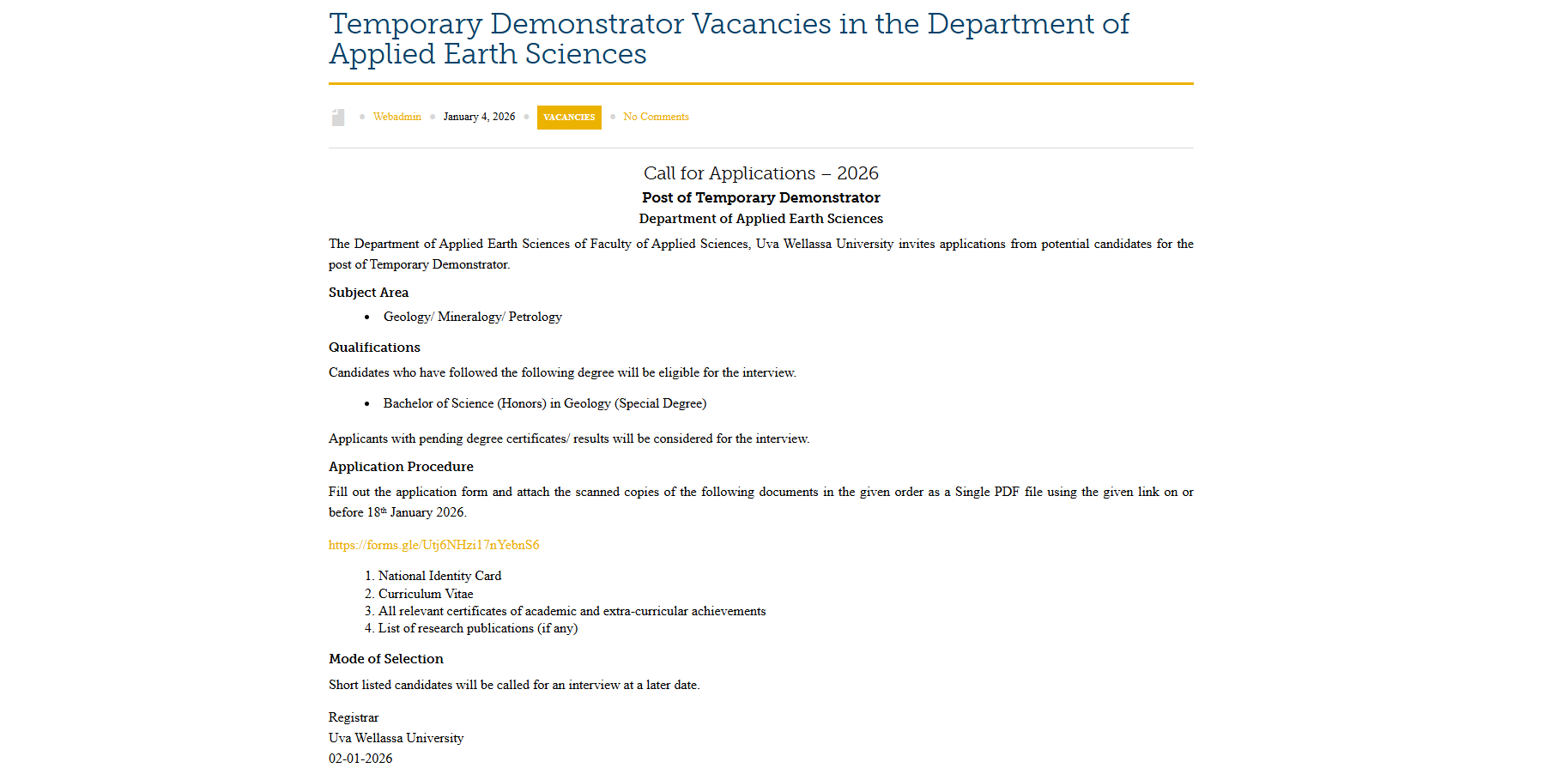 Demonstrator - Uva Wellassa University