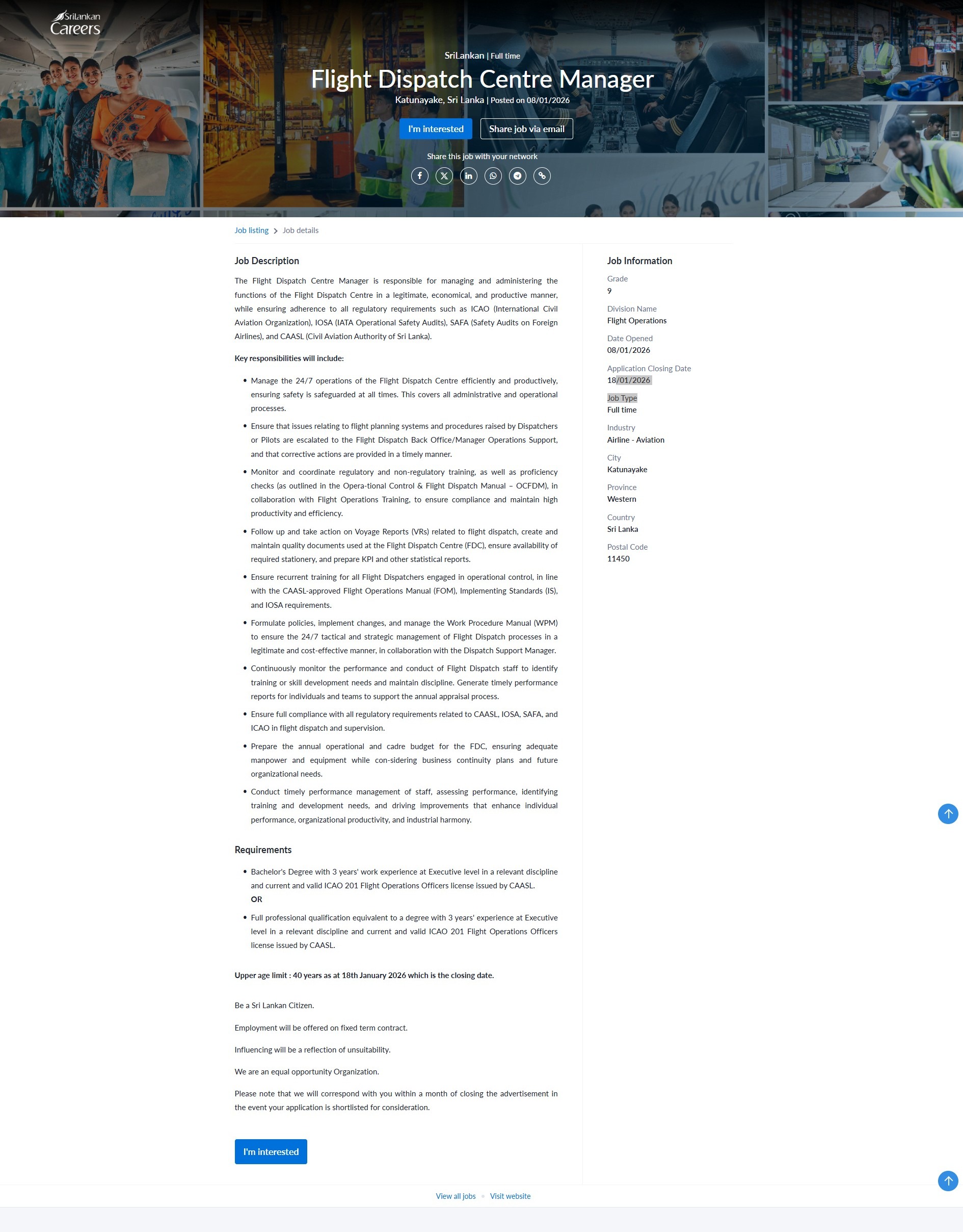 Flight Dispatch Centre Manager - Sri Lankan Airlines