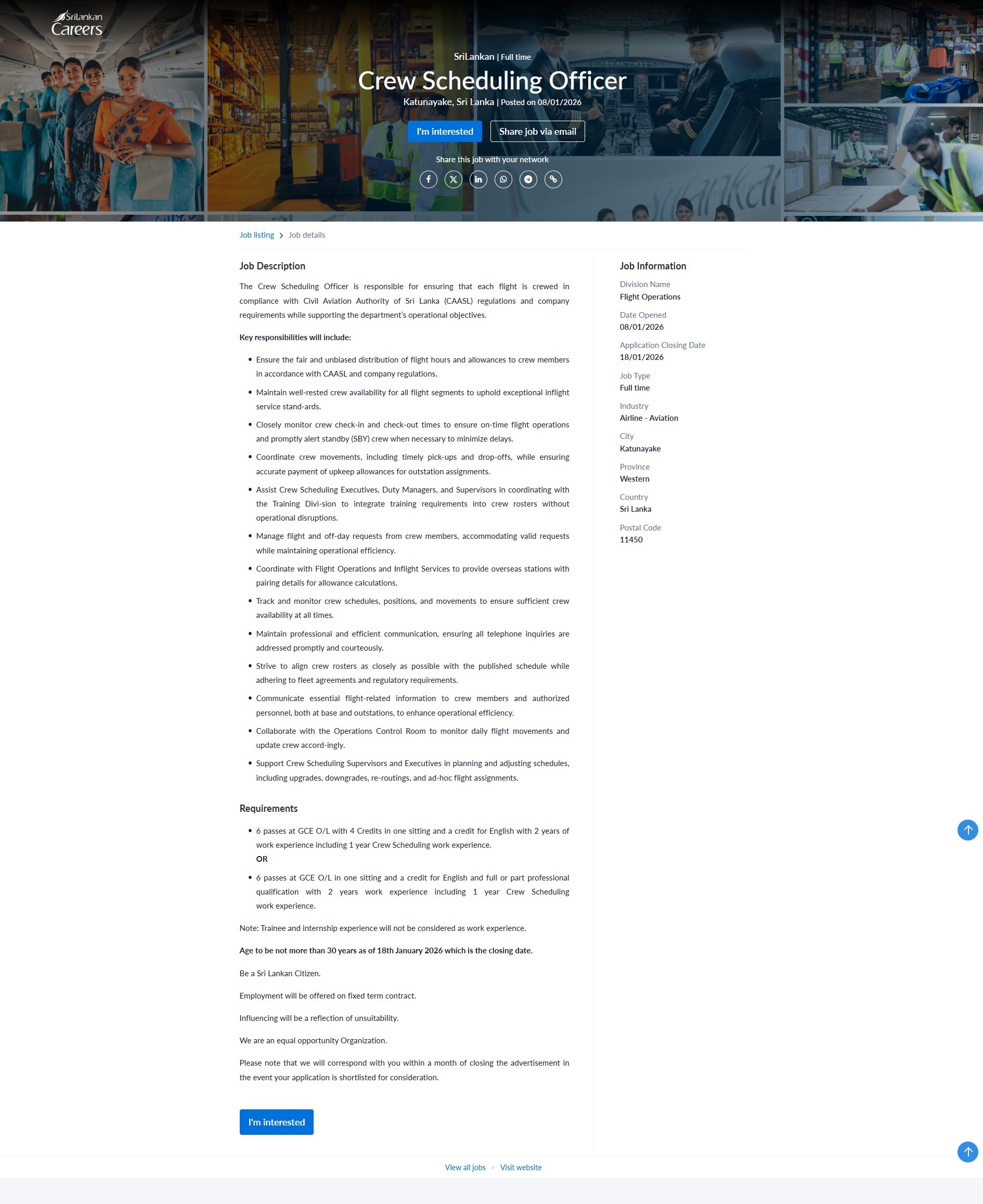 Crew Scheduling Officer - Sri Lankan Airlines