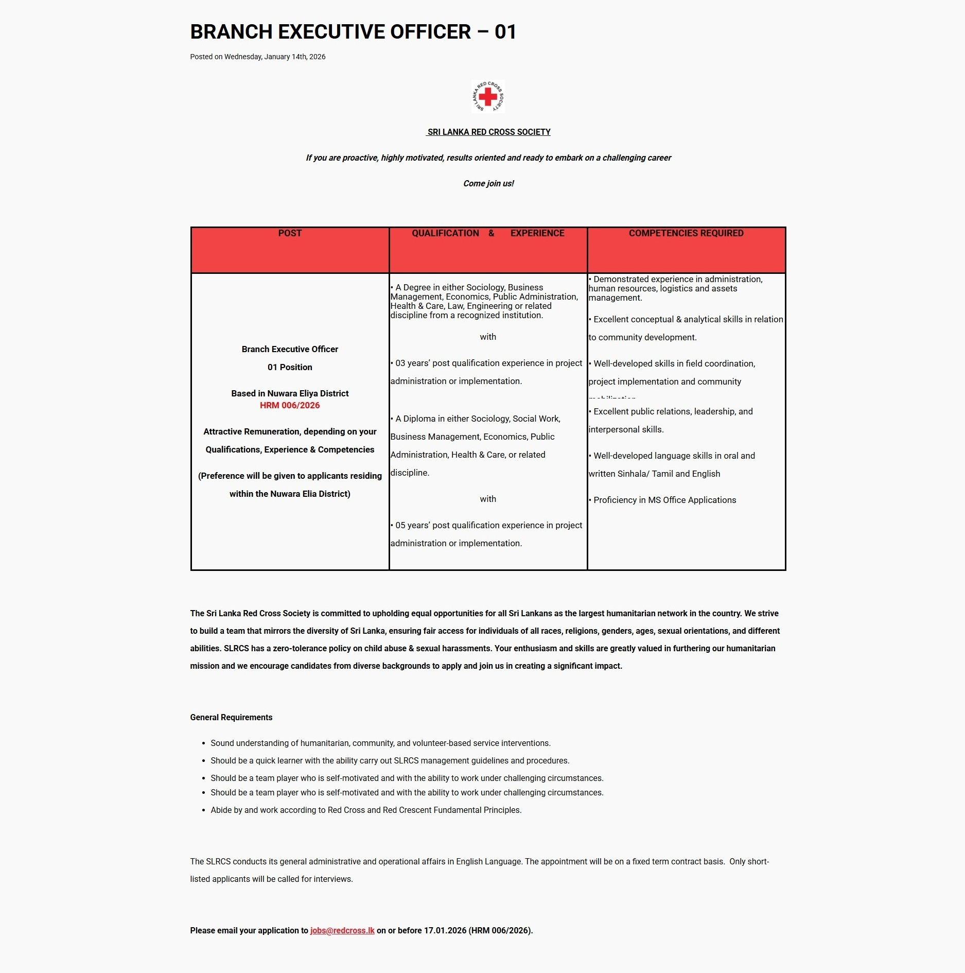 Branch Executive Officer - Sri Lanka Red Cross Society