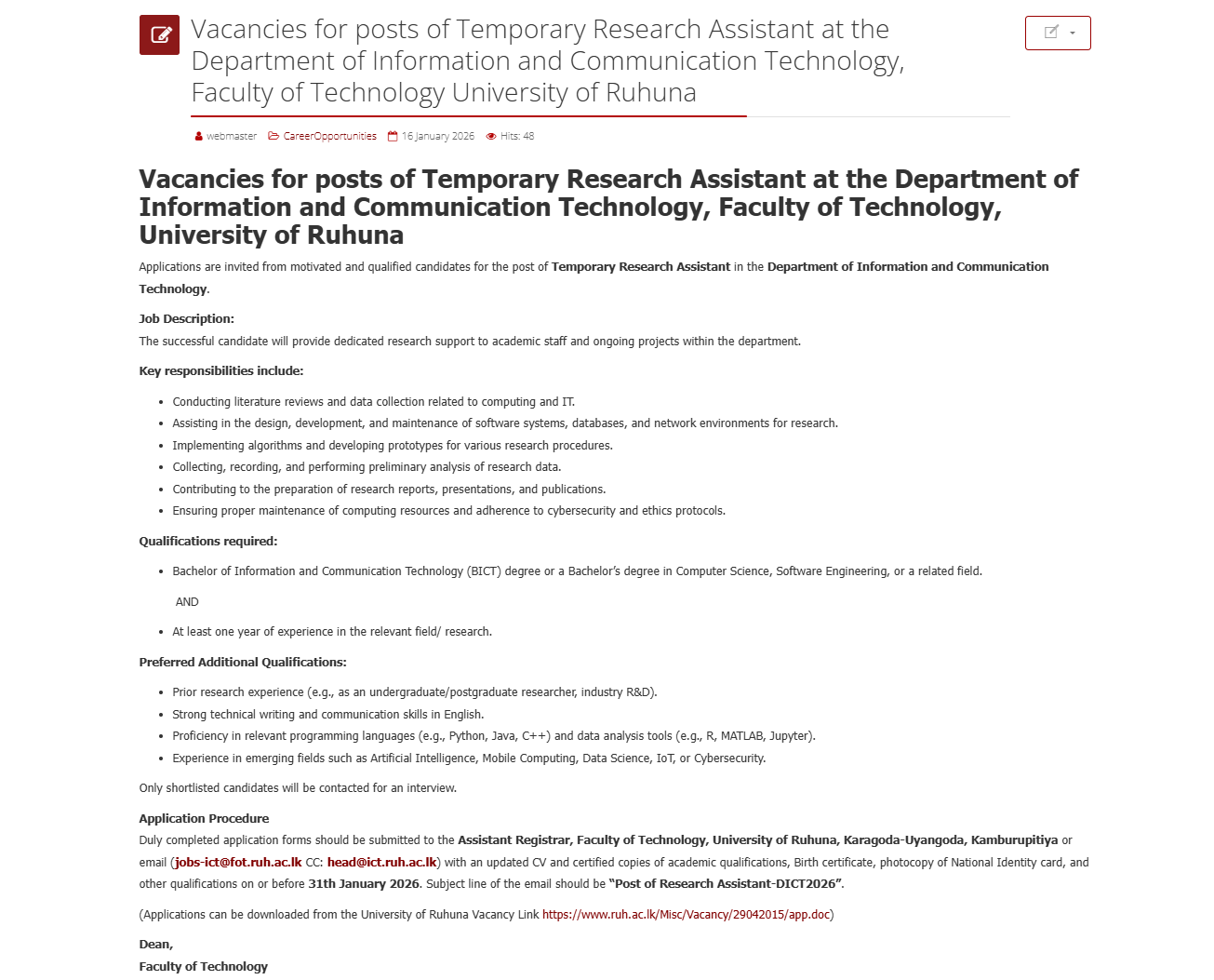 Research Assistant - University of Ruhuna