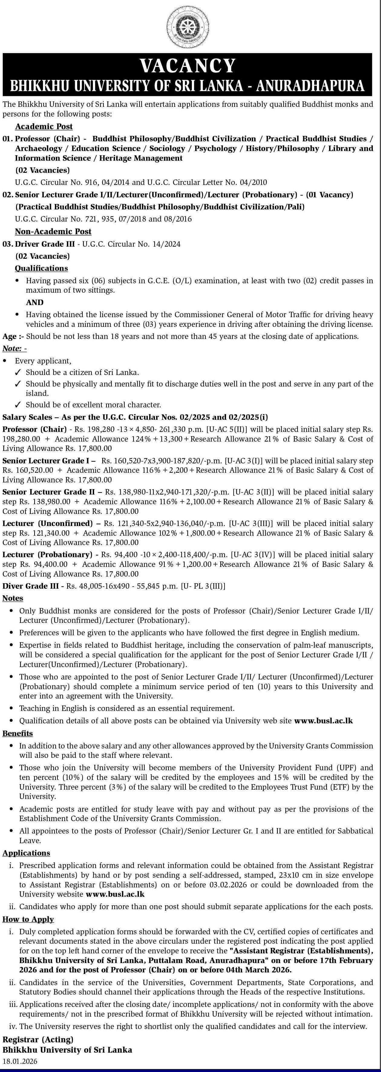 Professor, Lecturer, Driver - Bhiksu University of Sri Lanka