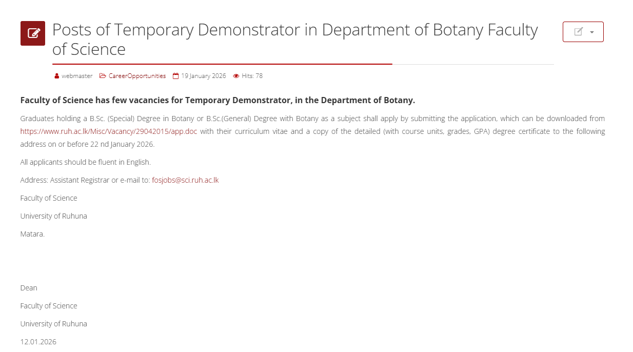 Demonstrator - University of Ruhuna