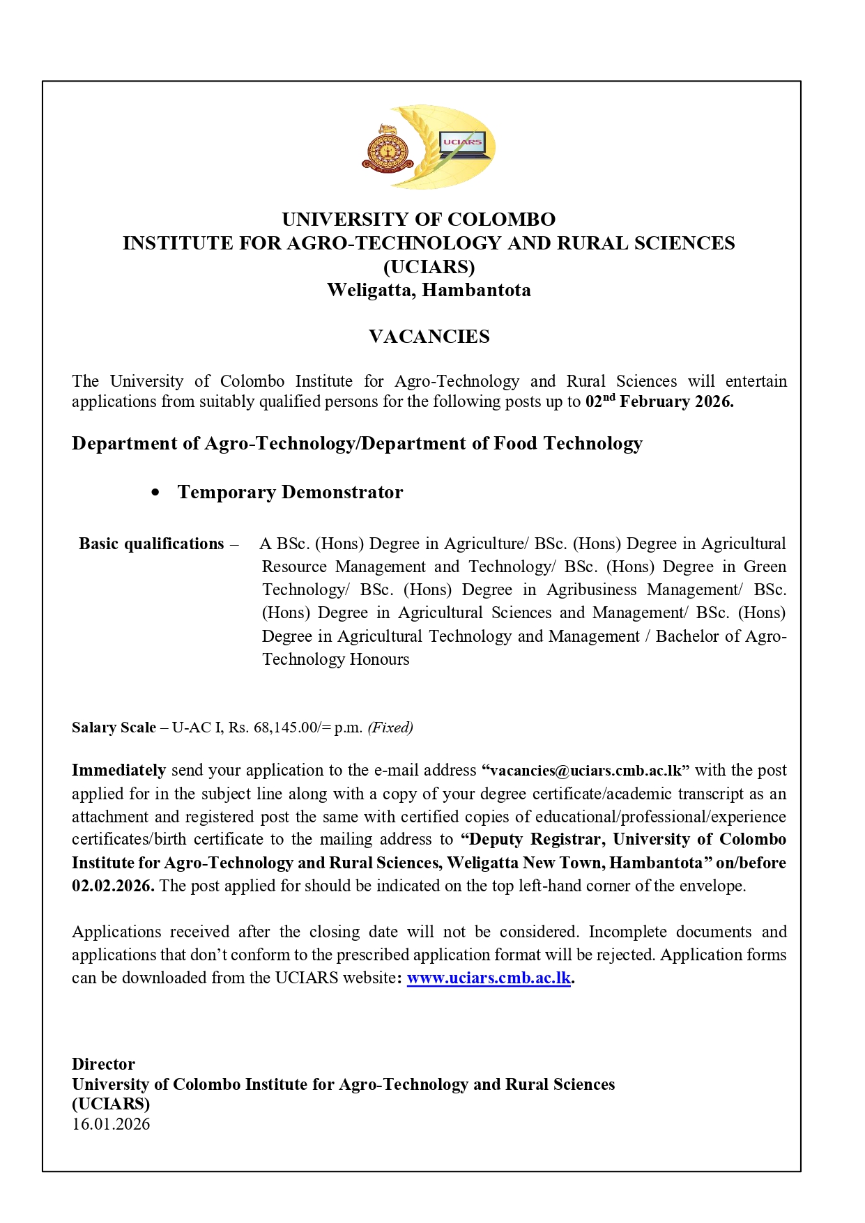 Demonstrator - Institute for Agro-technology and Rural Sciences