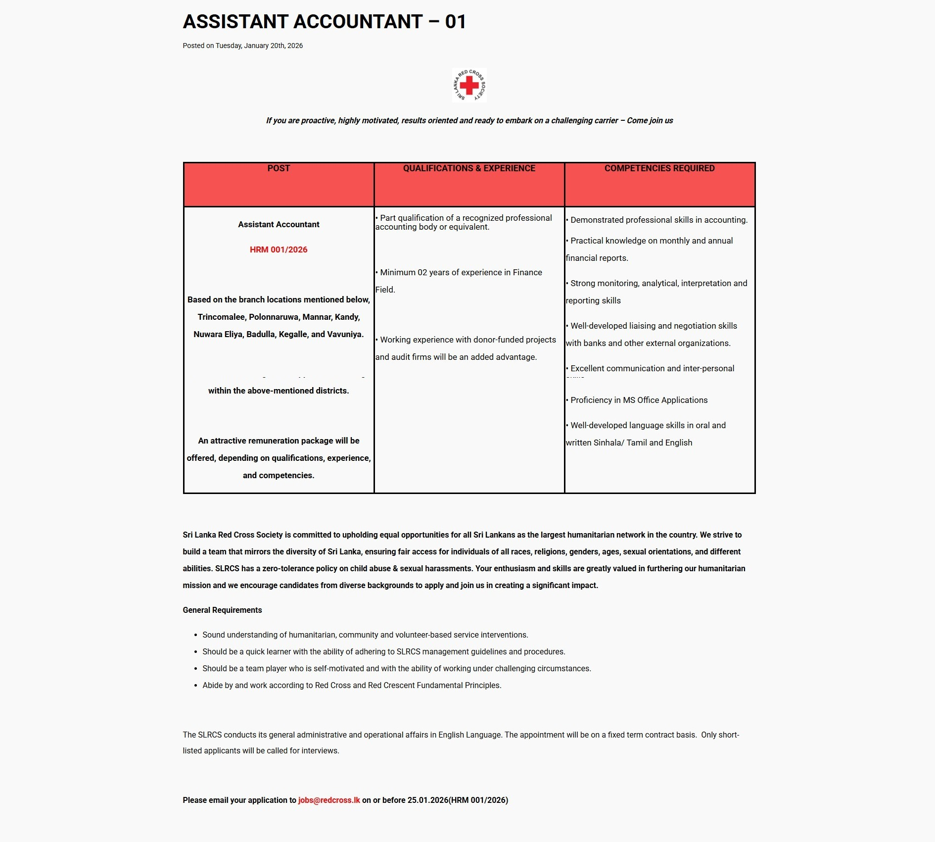 Assistant Accountant - Sri Lanka Red Cross Society