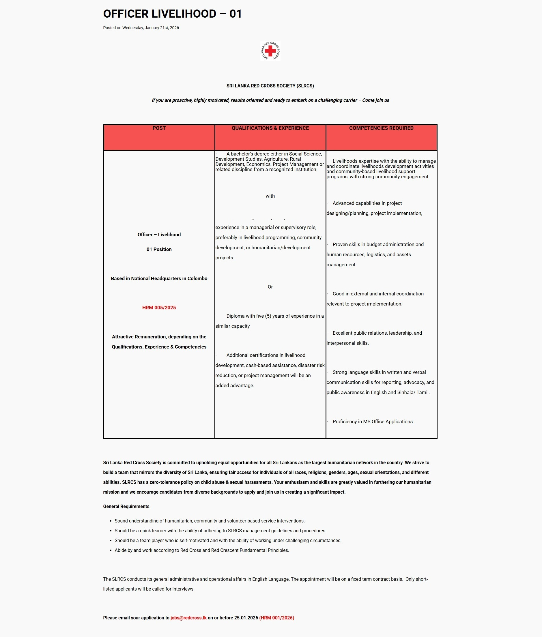 Livelihood Officer - Sri Lanka Red Cross Society