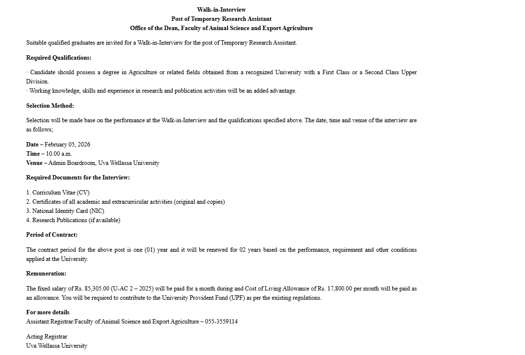 Research Assistant - Uva Wellassa University