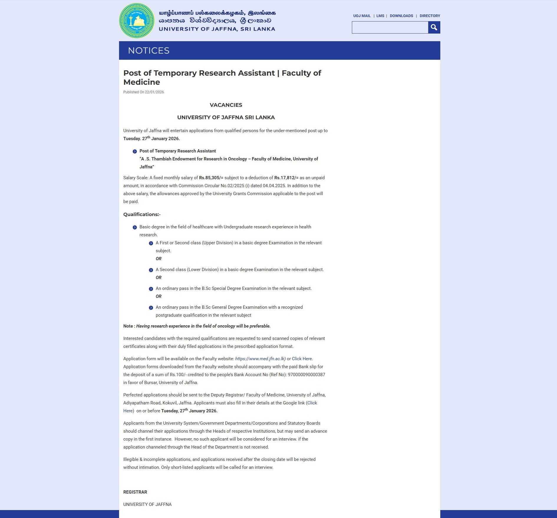 Research Assistant - University of Jaffna