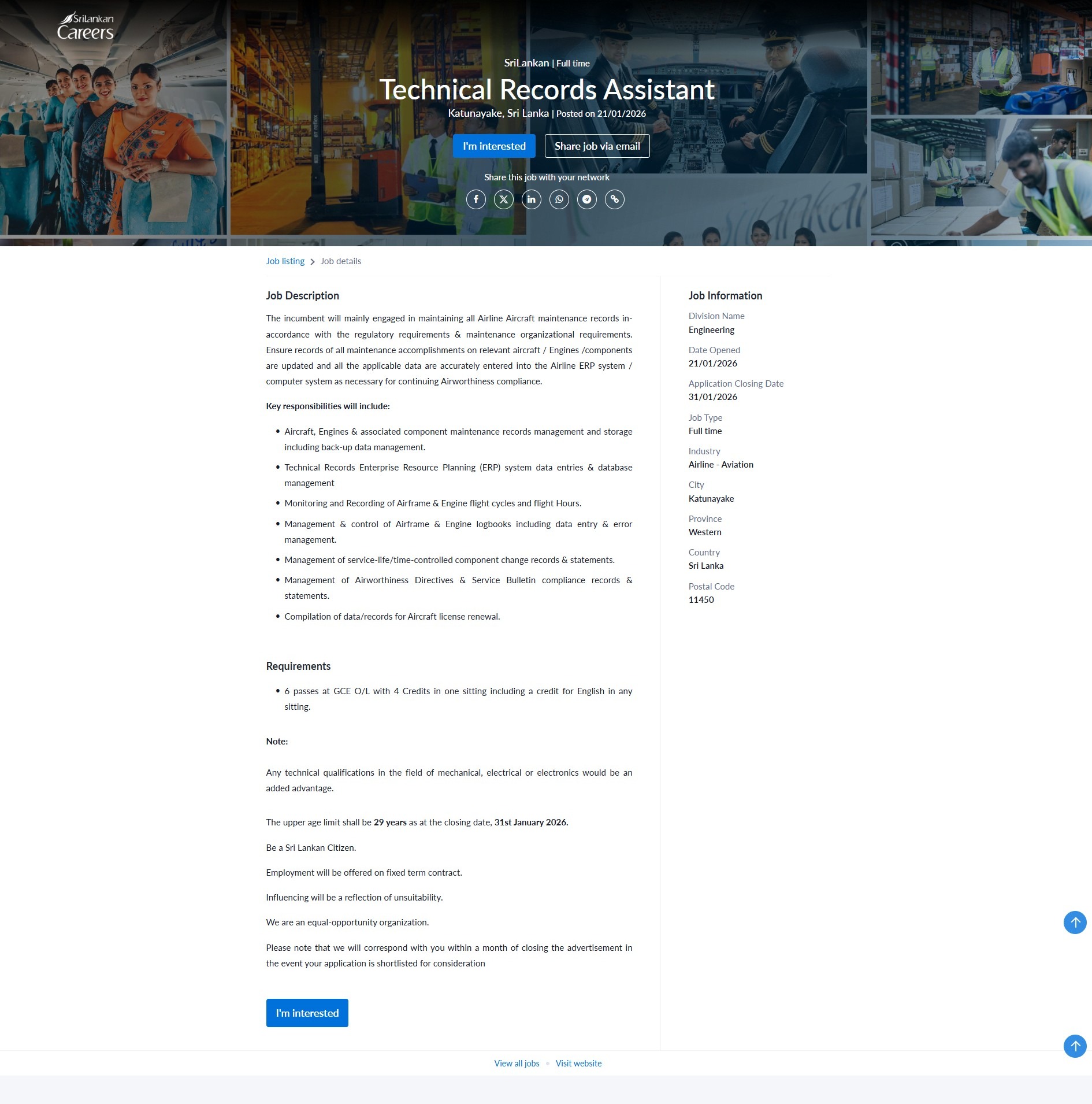 Technical Records Assistant - Sri Lankan Airlines