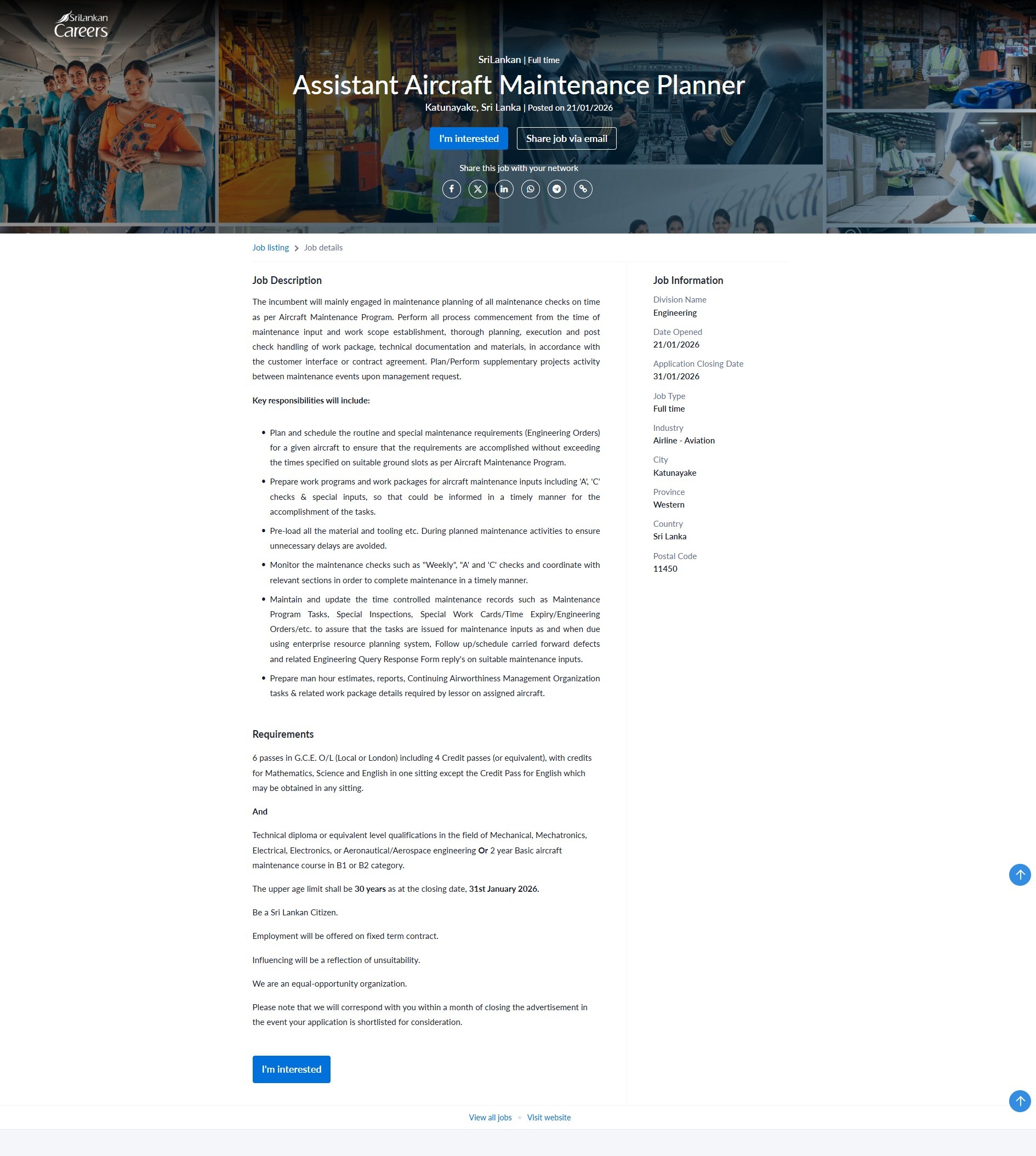 Assistant Aircraft Maintenance Planner - Sri Lankan Airlines