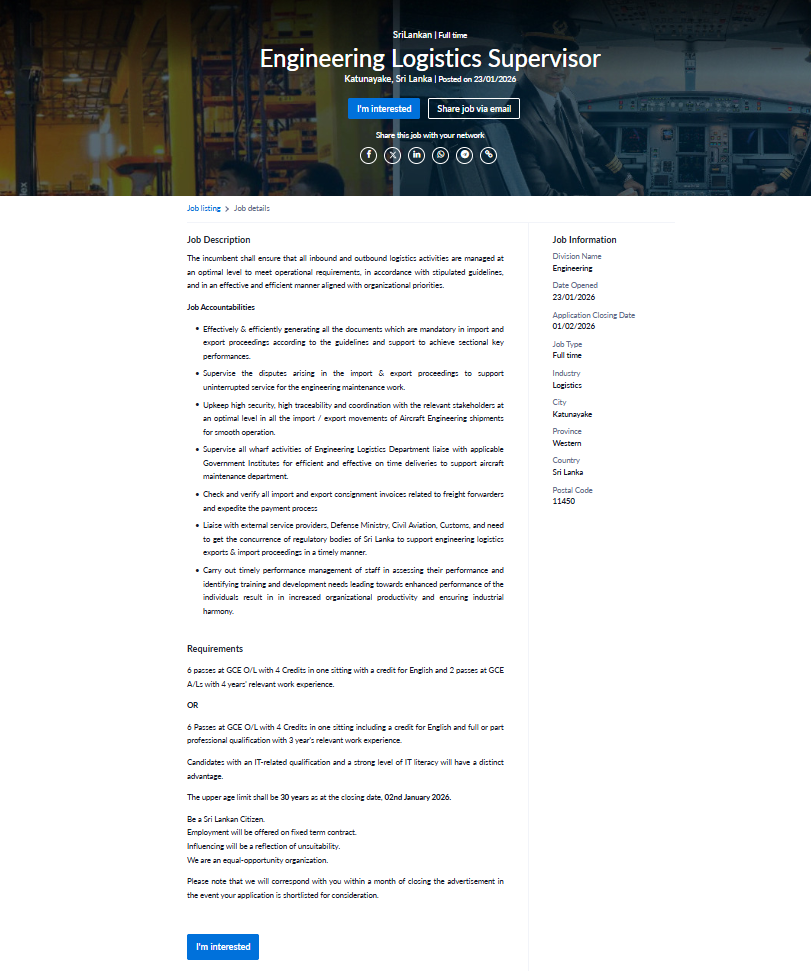 Engineering Logistics Supervisor - Sri Lankan Airlines