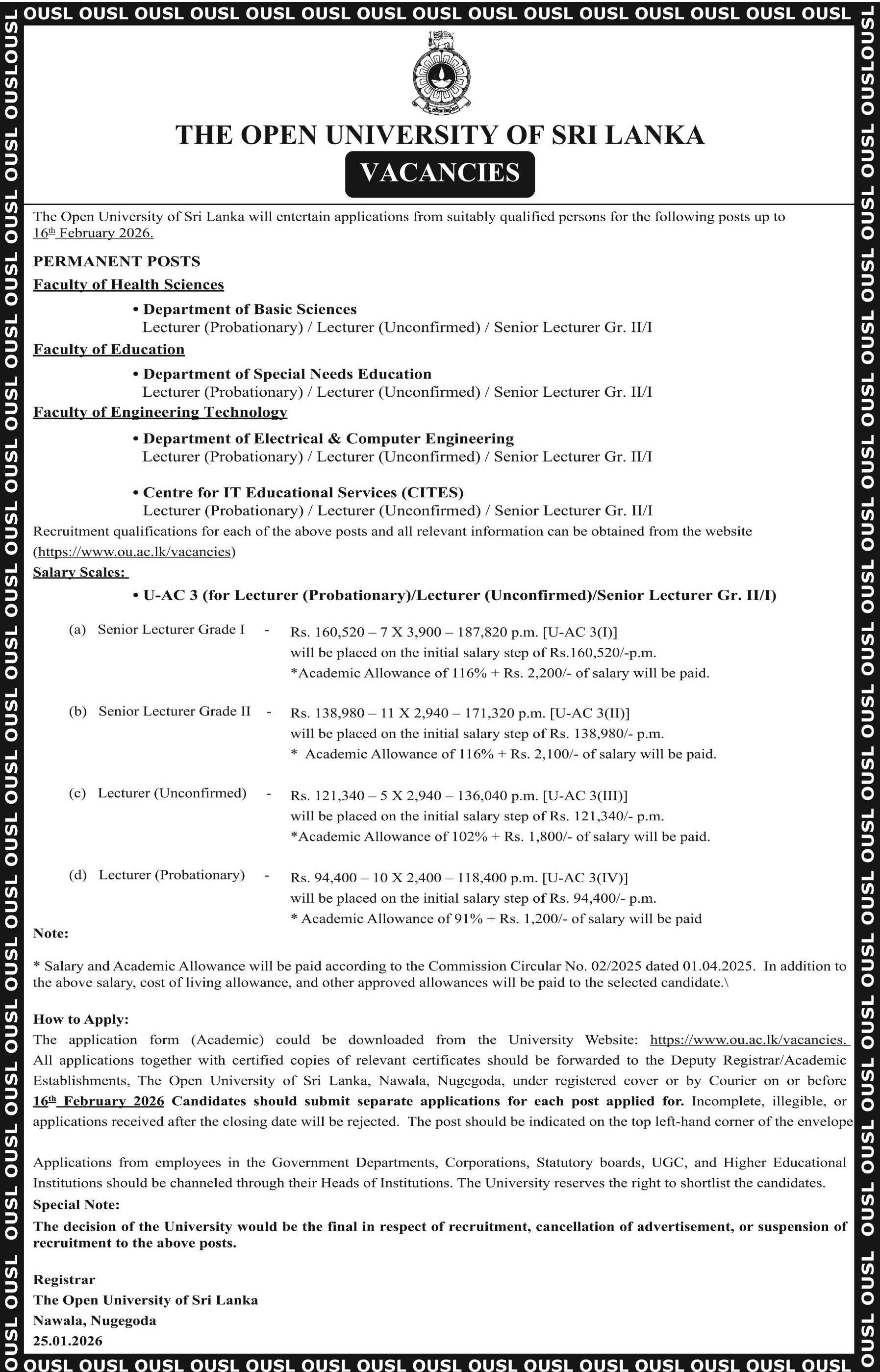 Lecturer, Senior Lecturer - Open University of Sri Lanka