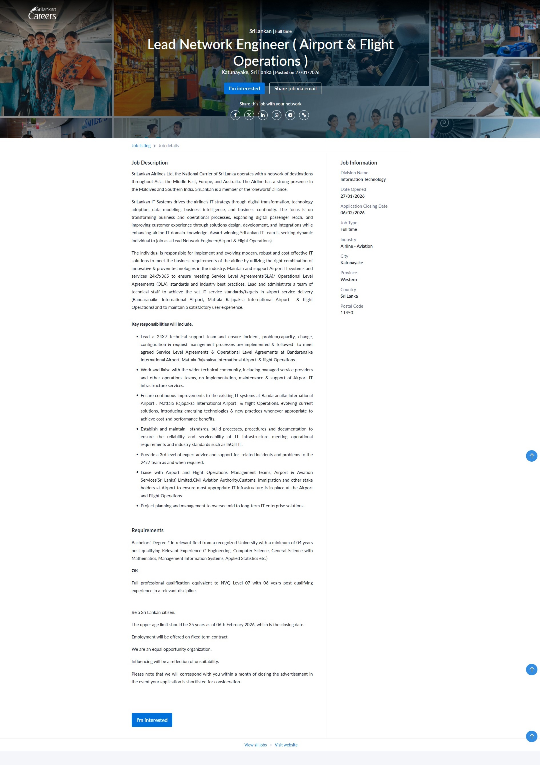 Lead Network Engineer - Sri Lankan Airlines