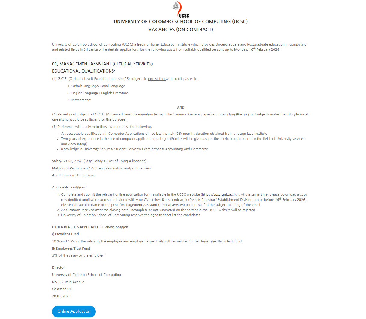 Management Assistant - University of Colombo School of Computing