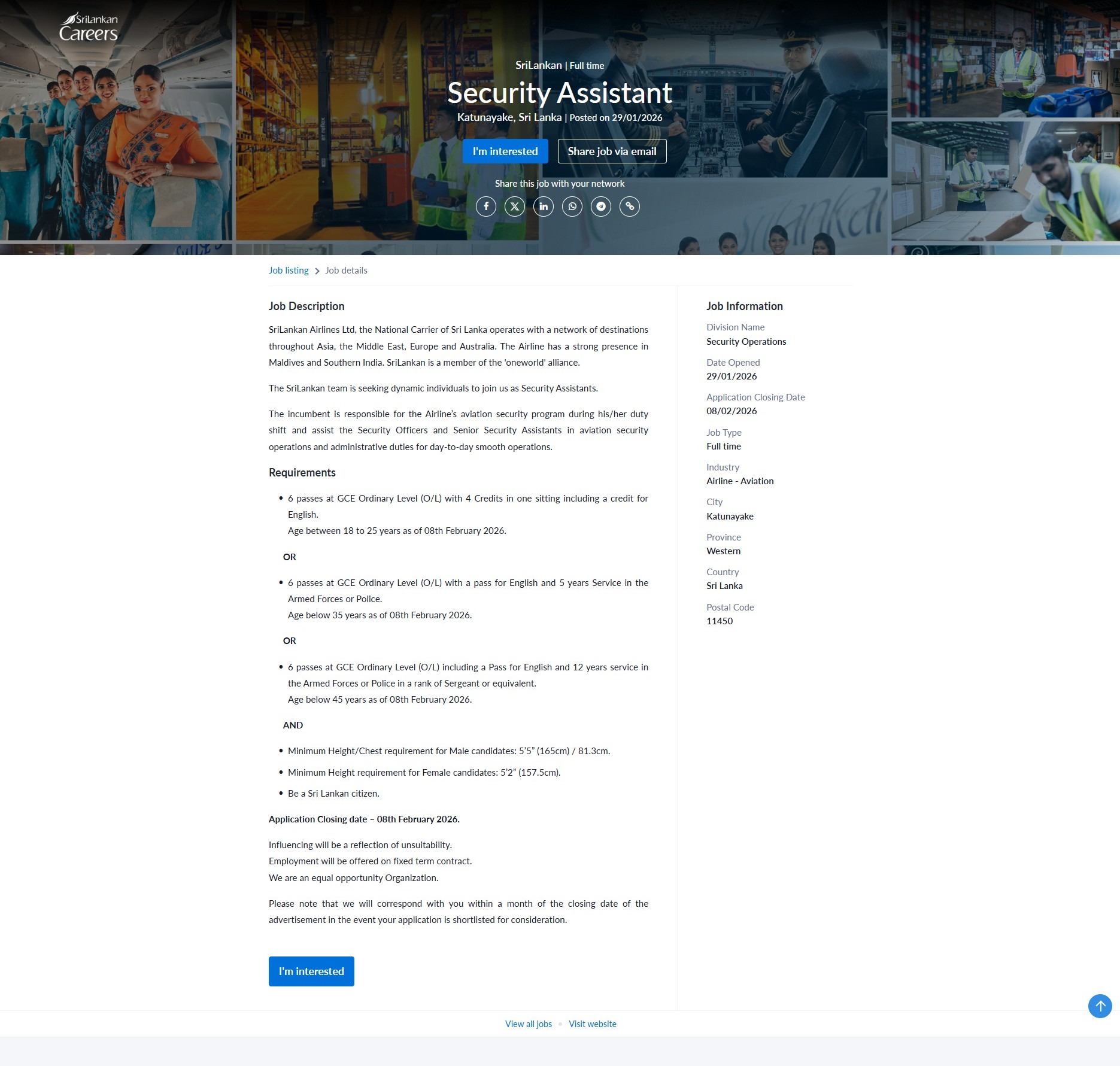 Security Assistant - Sri Lankan Airlines