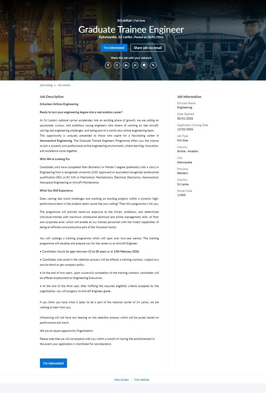 Graduate Trainee Engineer - Sri Lankan Airlines