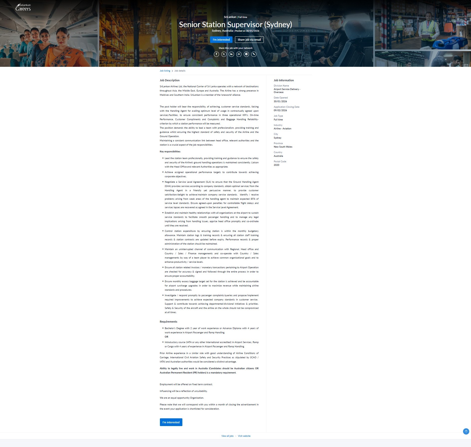 Senior Station Supervisor - Sri Lankan Airlines