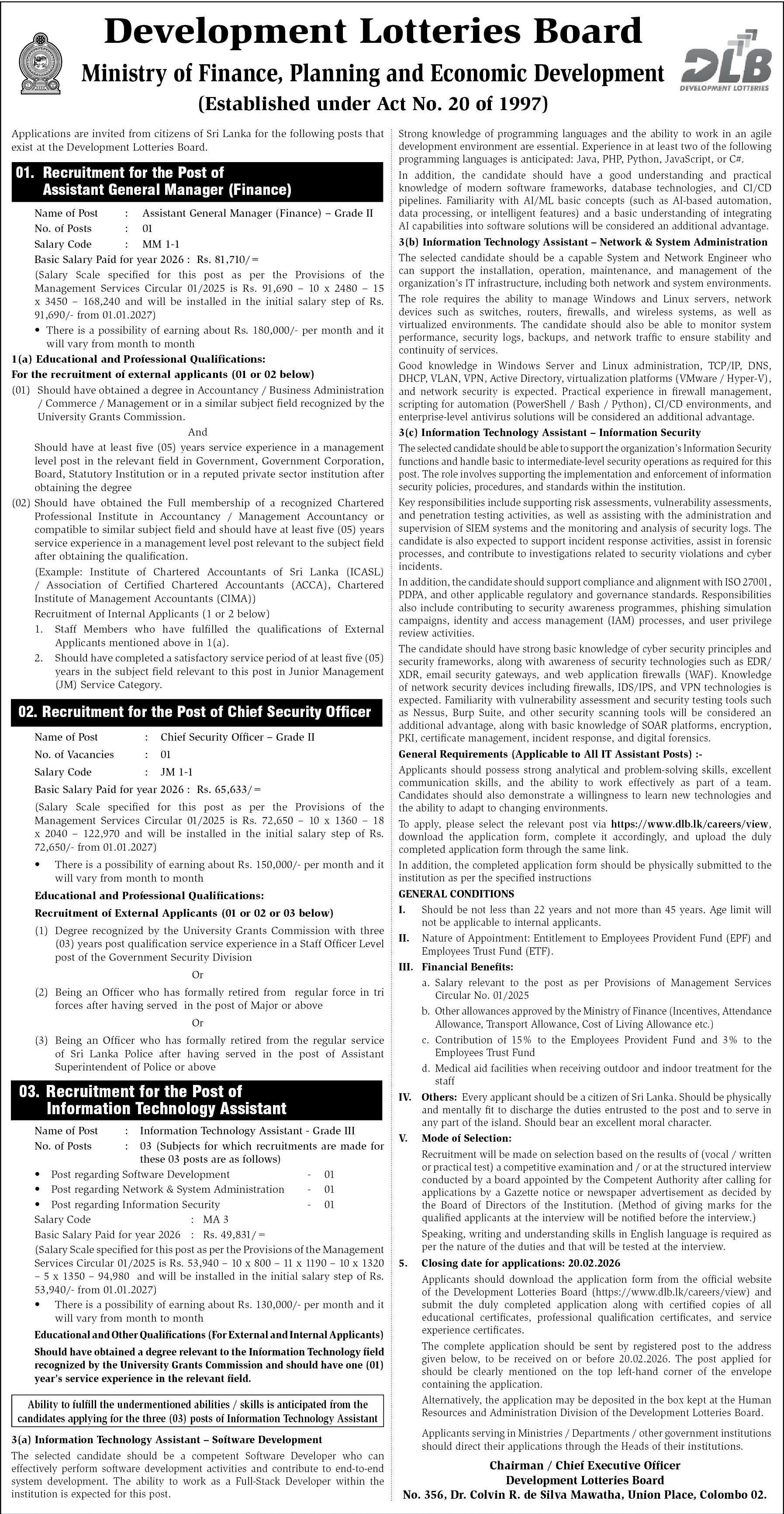 Information Technology Assistant, Chief Security Officer - Development Lotteries Board