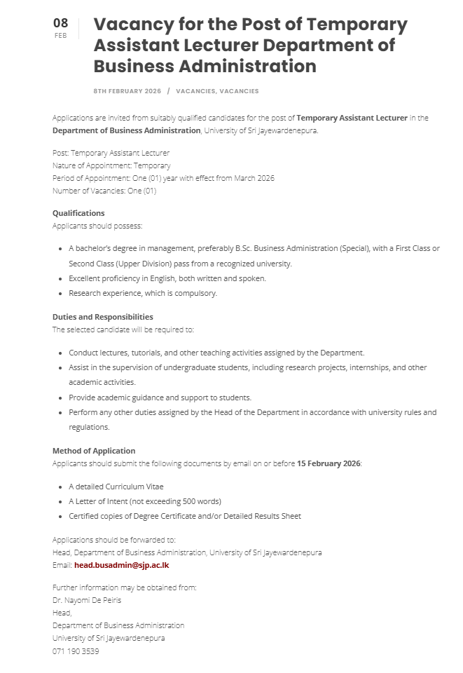Assistant Lecturer - University of Sri Jayewardenepura