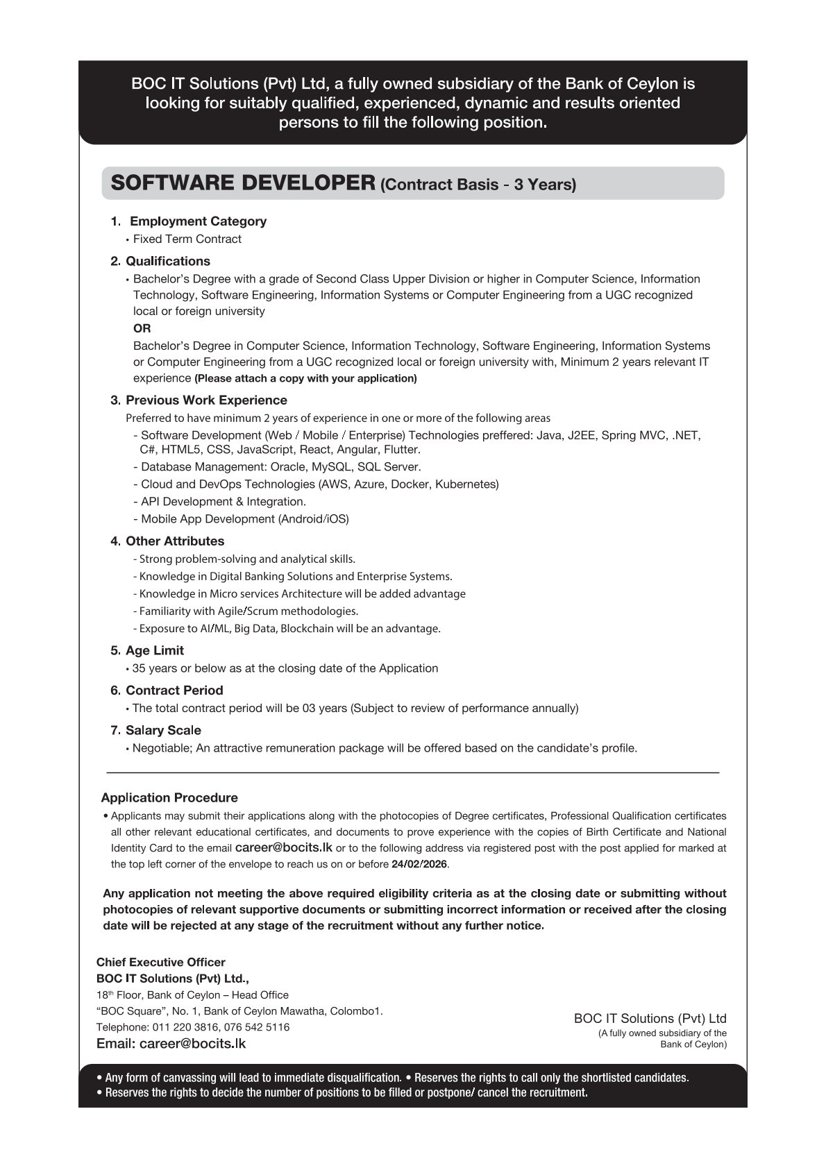 Software Developer - BOC IT Solutions (Pvt) Ltd