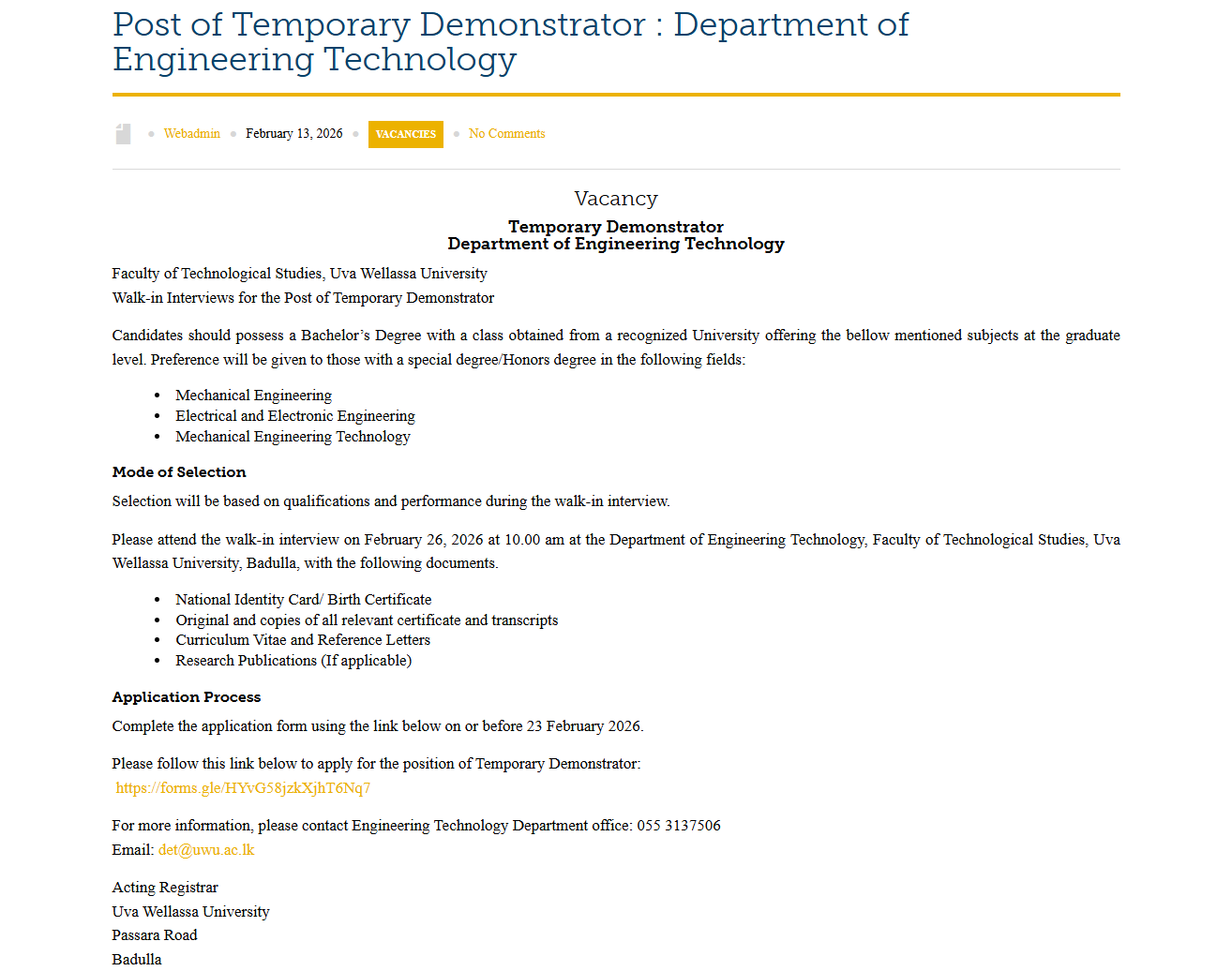 Demonstrator - Uva Wellassa University