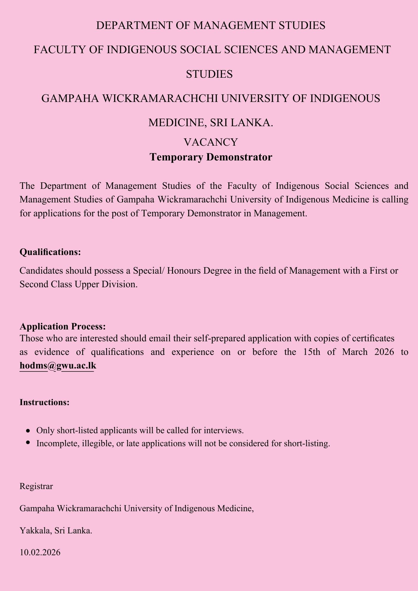 Demonstrator - Gampaha Wickramarachchi University of Indigenous Medicine