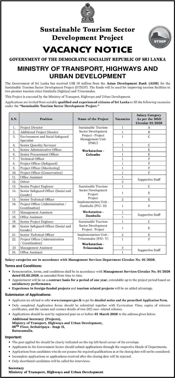 Management Assistant, Project Director, Office Assistant - Ministry of Transport