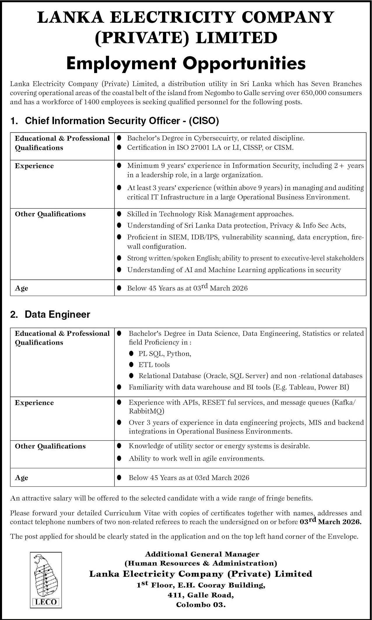 Chief Information Security Officer, Data Engineer - Lanka Electricity Company (Private) Ltd