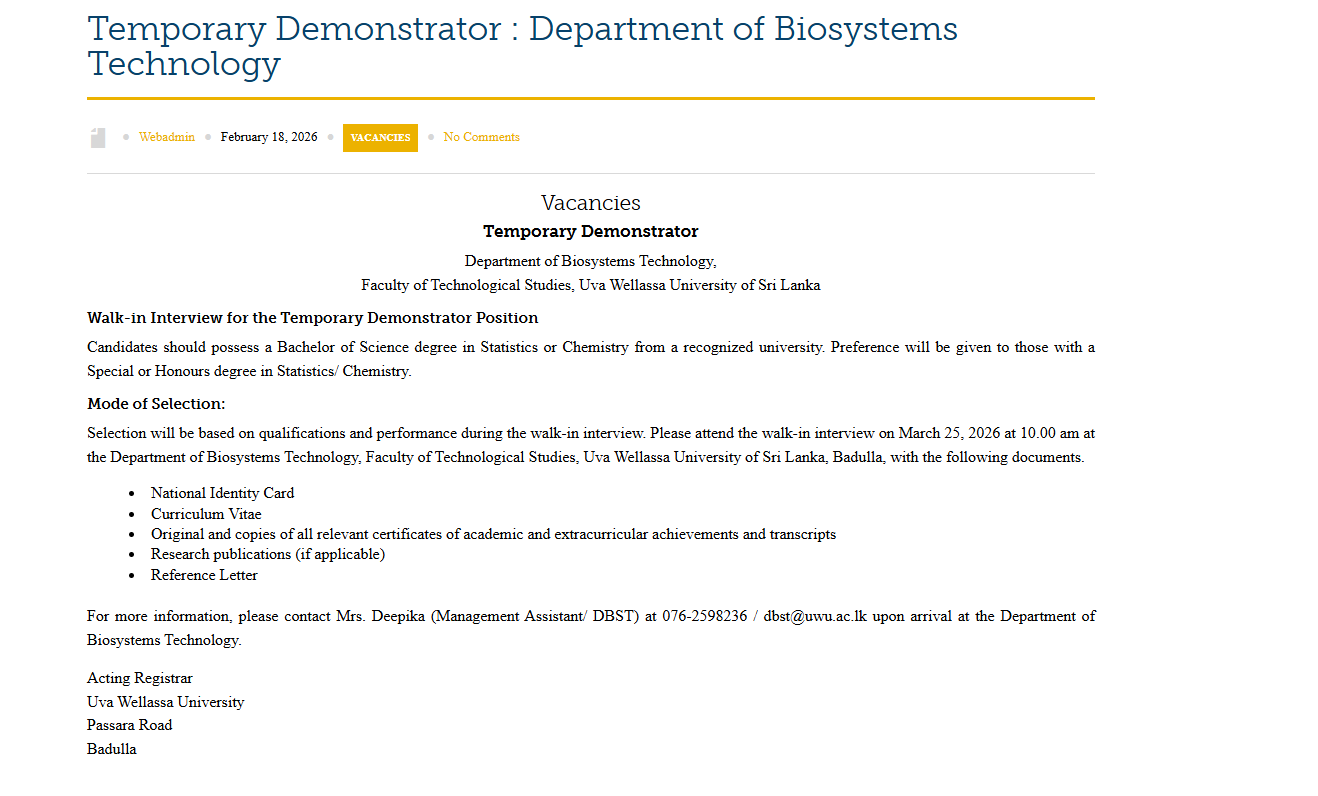 Demonstrator - Uva Wellassa University