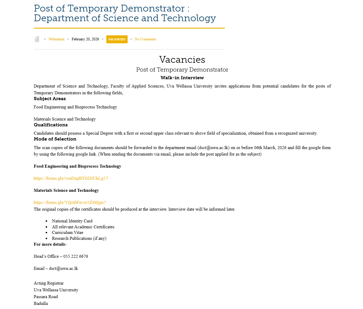 Demonstrator - Uva Wellassa University