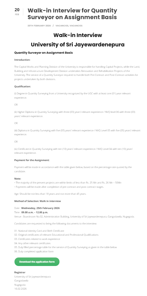 Quantity Surveyor - University of Sri Jayewardenepura