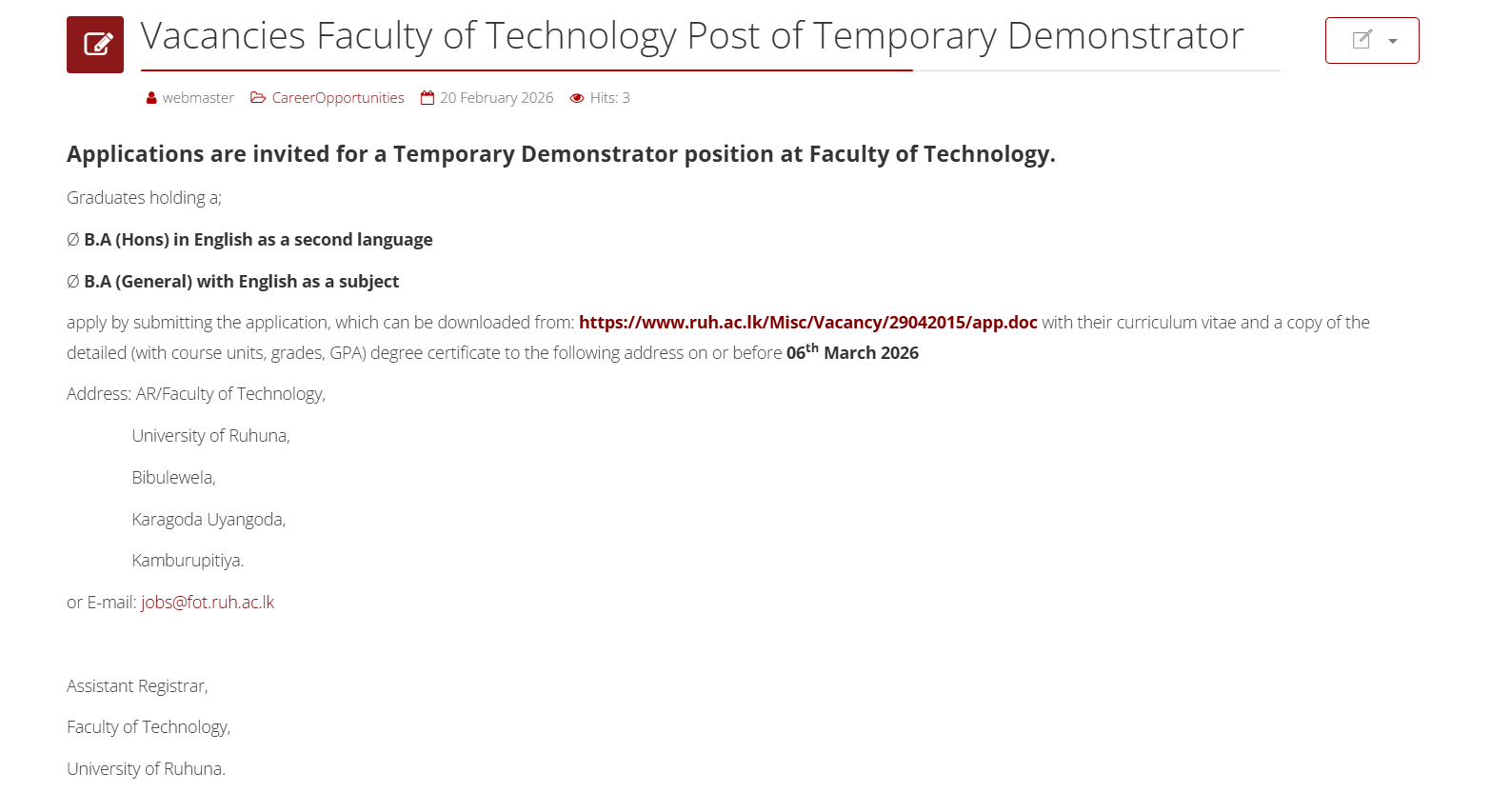 Demonstrator - University of Ruhuna
