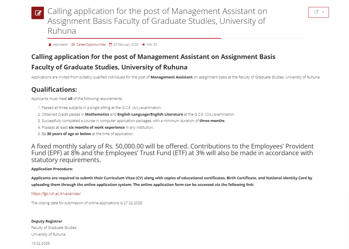 Management Assistant - University of Ruhuna