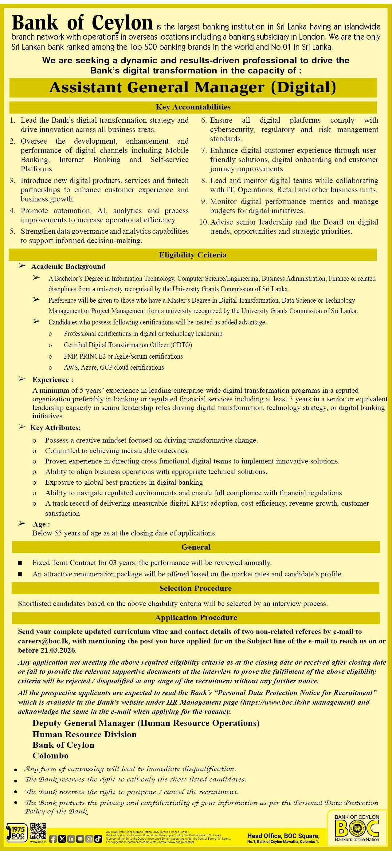 Assistant General Manager - Bank of Ceylon