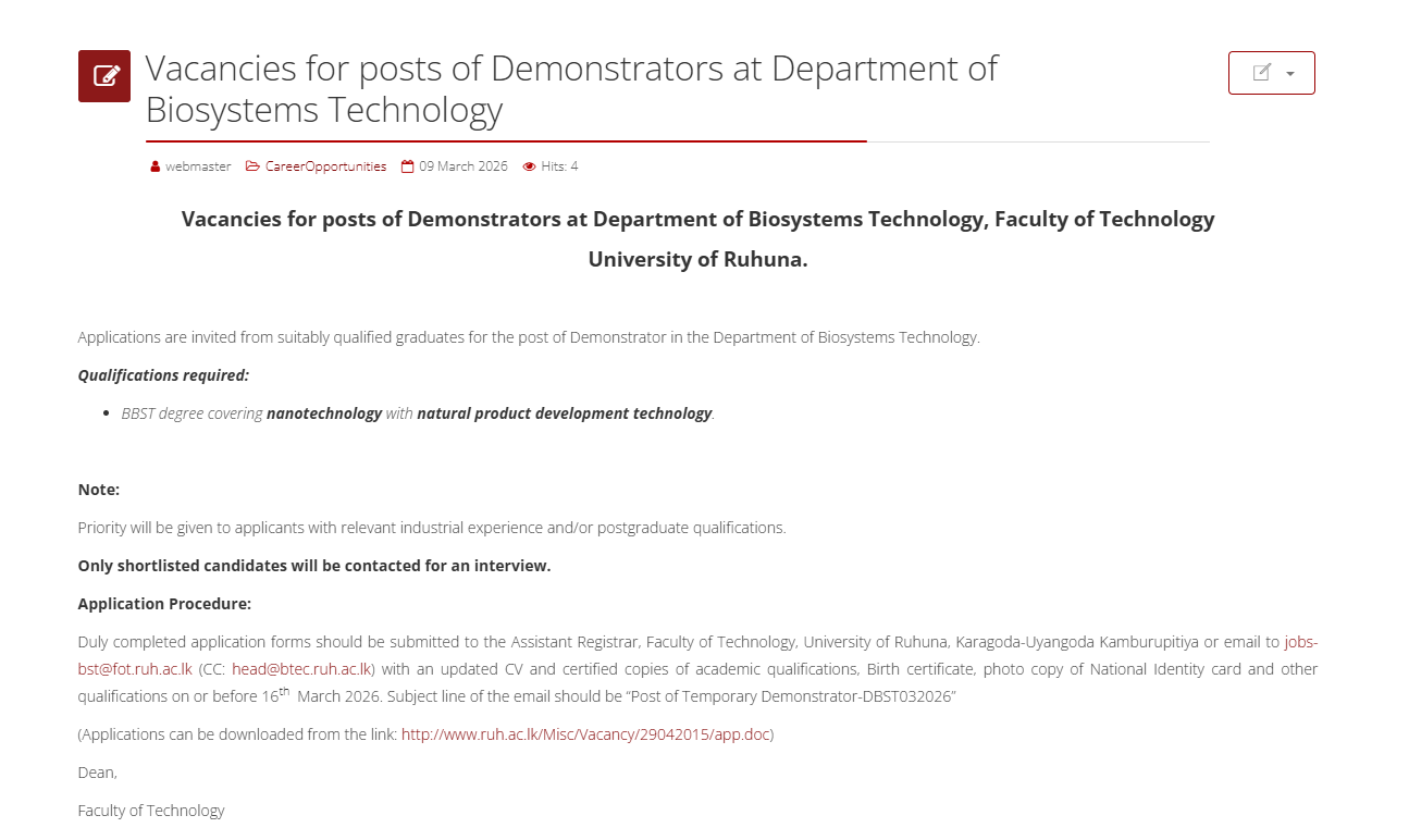 Demonstrator - University of Ruhuna