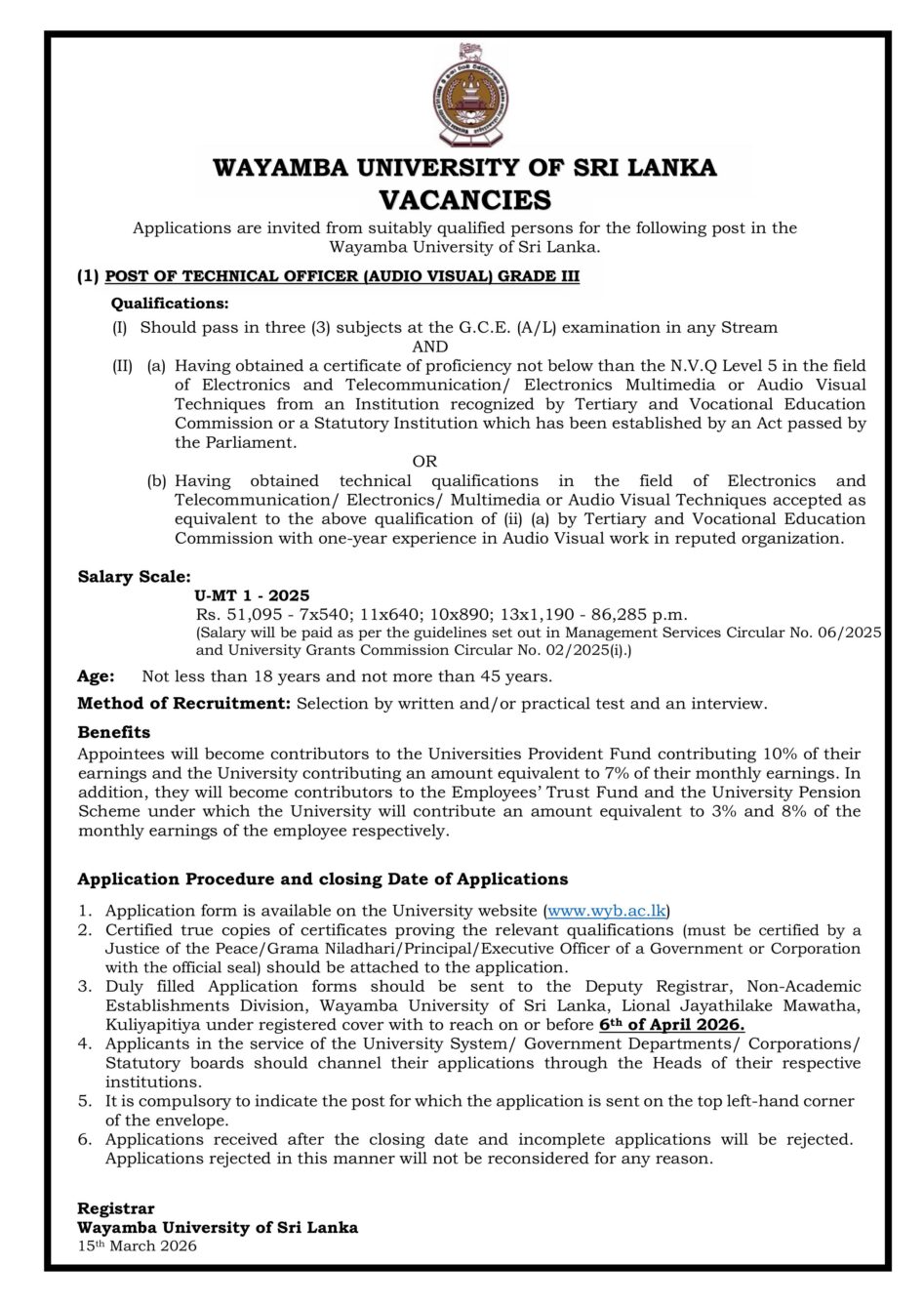 Technical Officer - Wayamba University of Sri Lanka