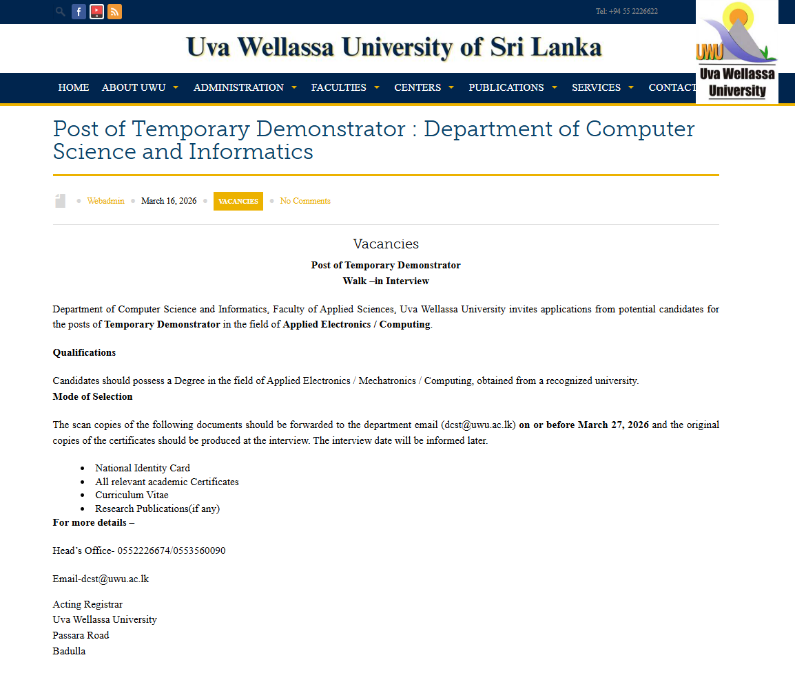 Demonstrator - Uva Wellassa University