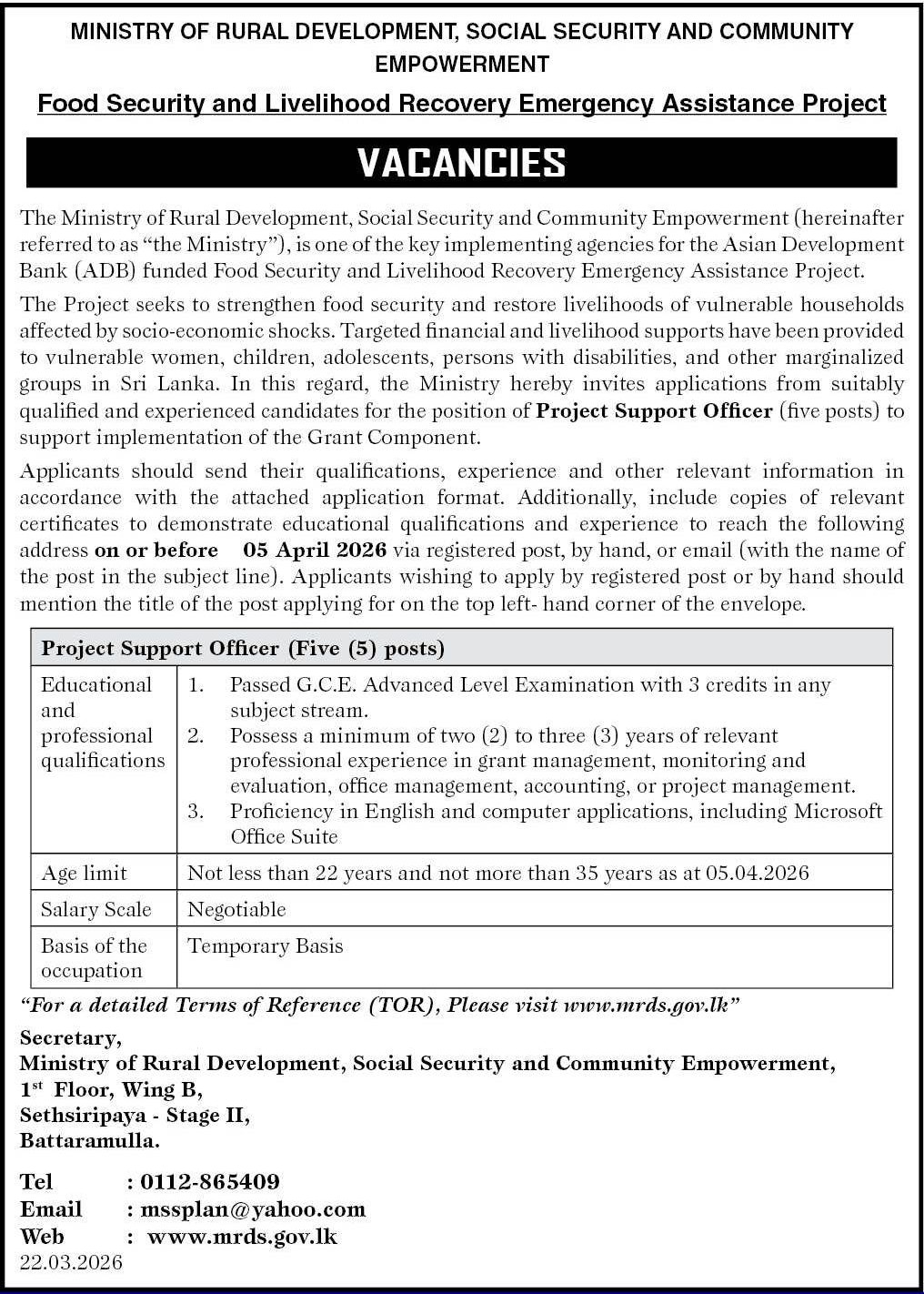 Project Support Officer - Ministry of Rural Development, Social Security and Community Empowerment