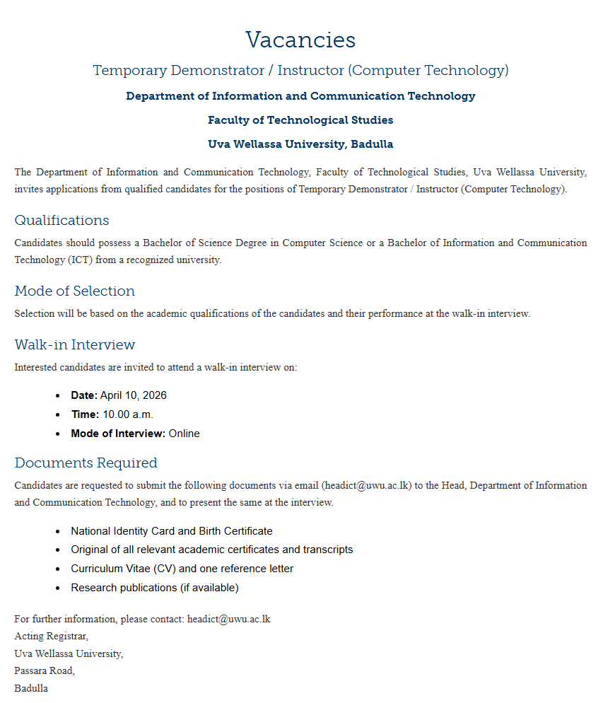 Demonstrator, Instructor - Uva Wellassa University