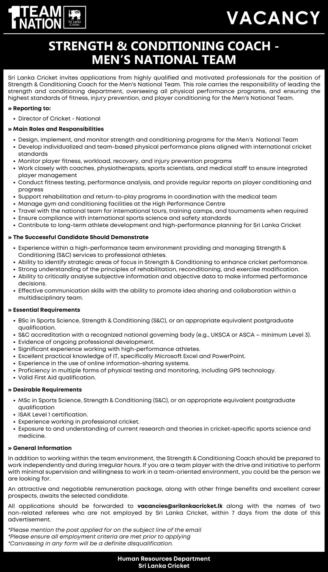 Strength & Conditioning Coach - Sri Lanka Cricket