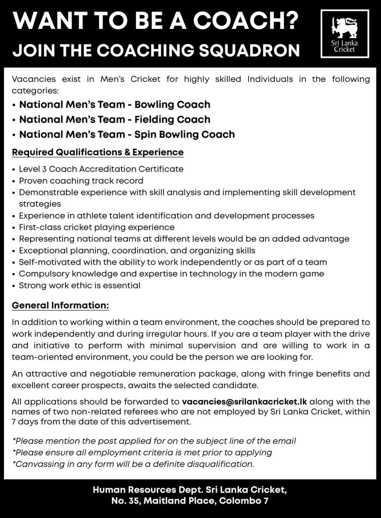 Fielding Coach, Bowling Coach - Sri Lanka Cricket