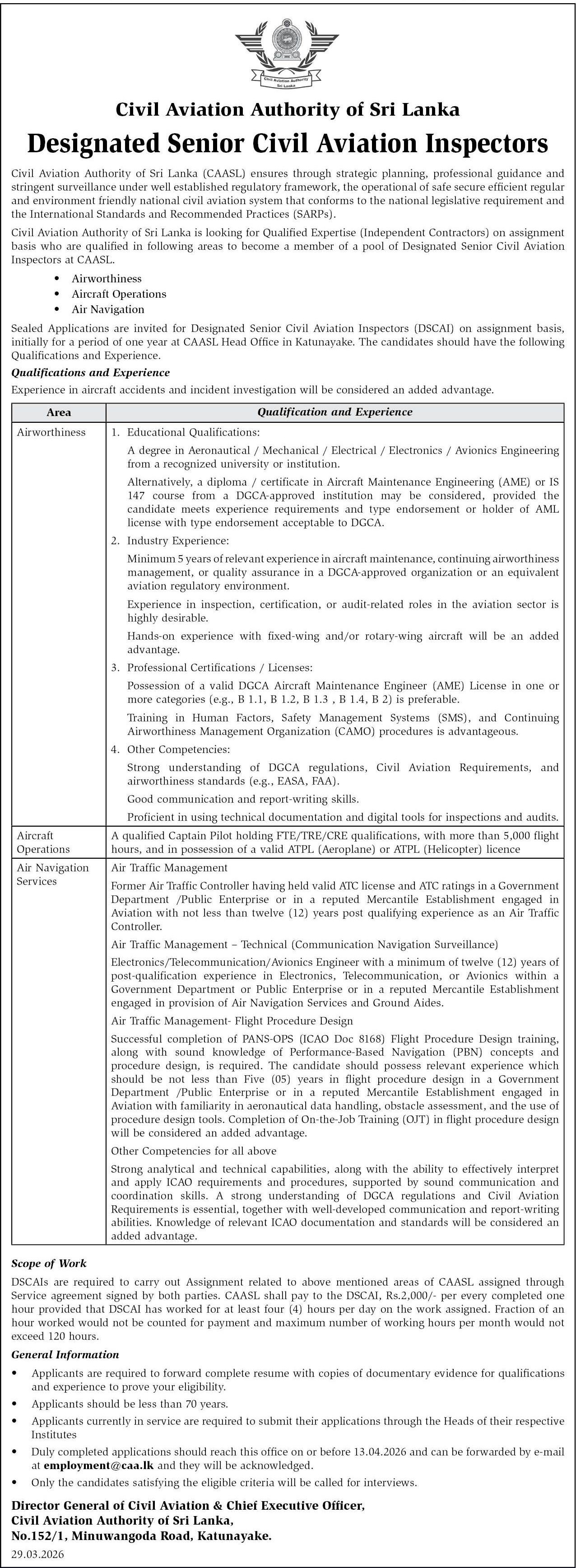 Senior Civil Aviation Inspector - Civil Aviation Authority of Sri Lanka