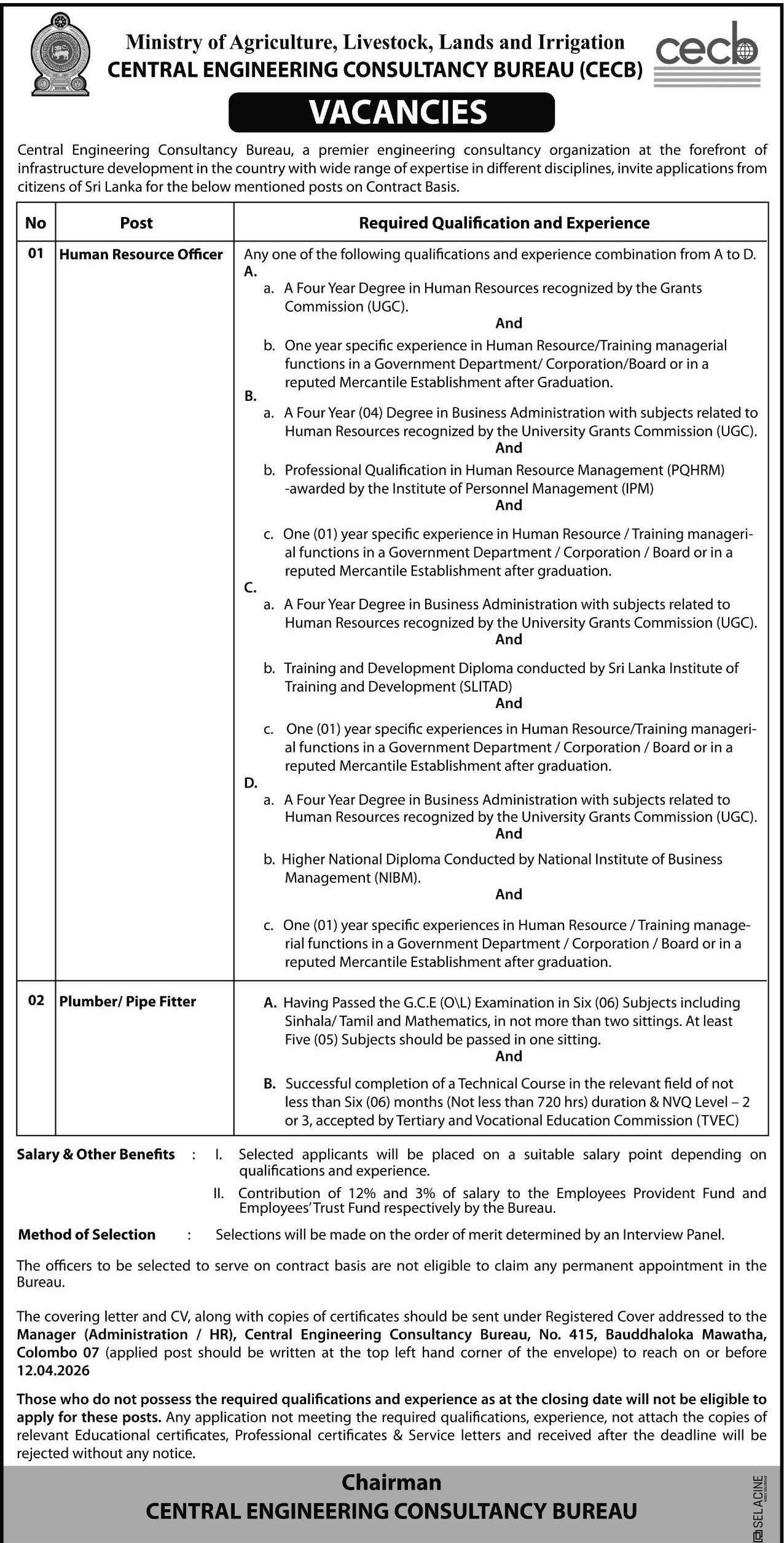 Human Resource Officer, Plumber - Central Engineering Consultancy Bureau