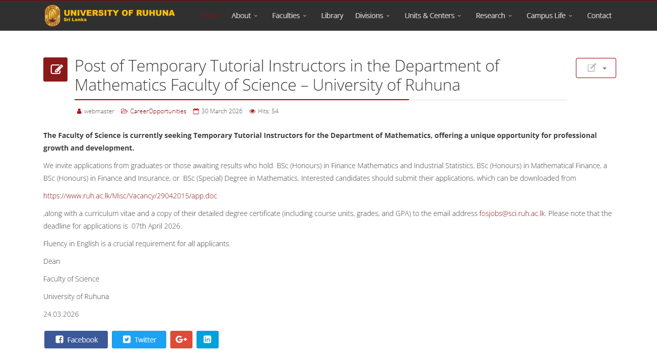Tutorial Instructor - University of Ruhuna