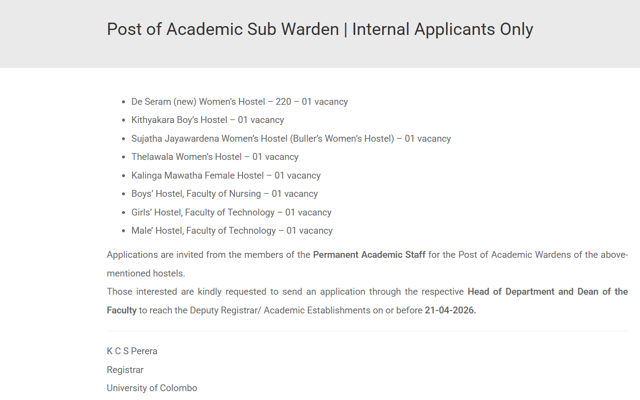 Sub Warden - University of Colombo