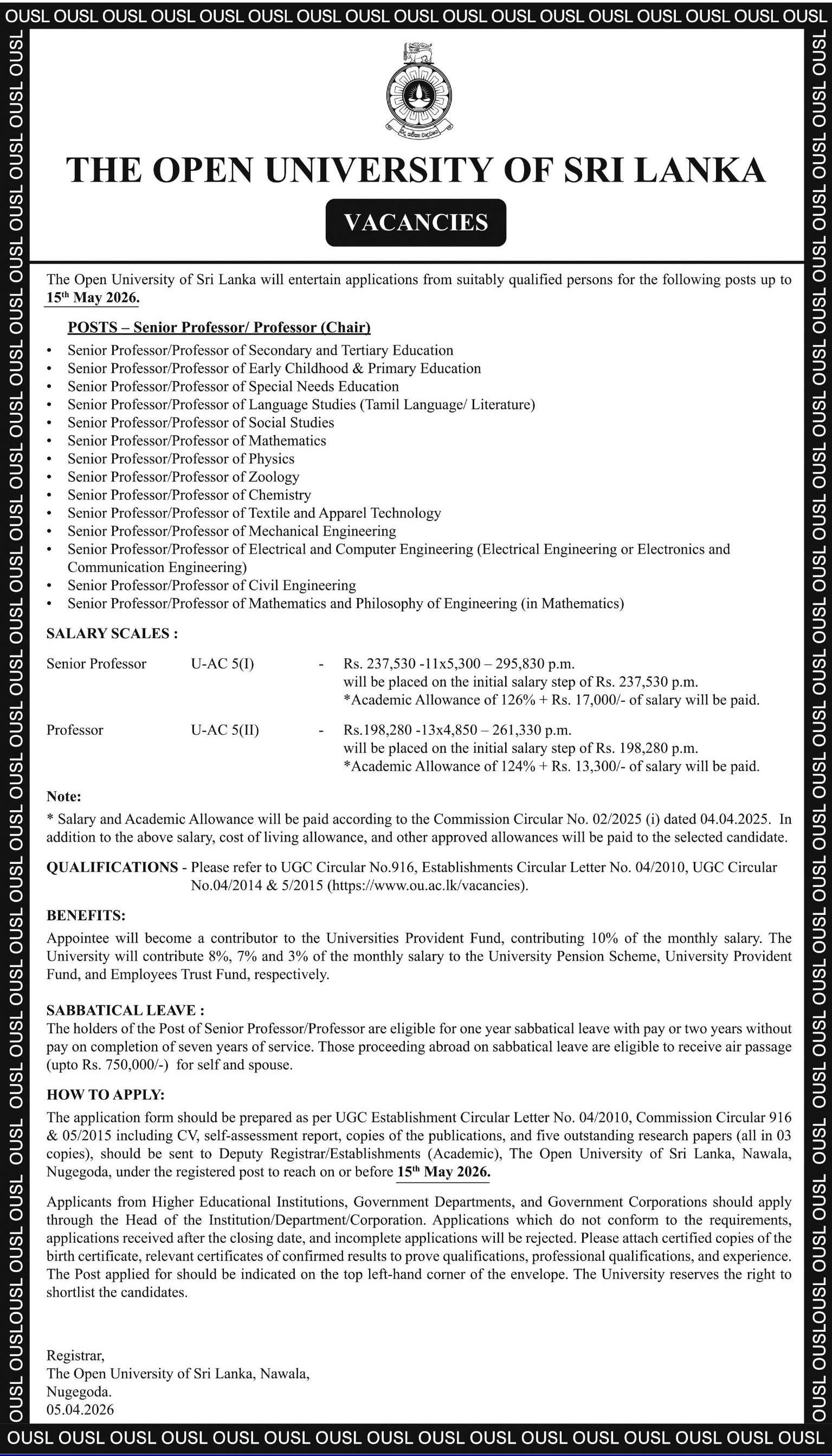 Senior Professor, Professor - Open University of Sri Lanka