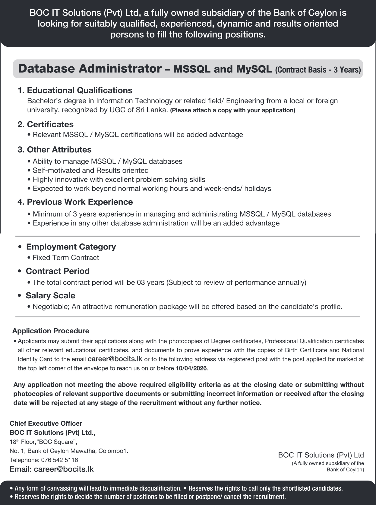 Database Administrator - BOC IT Solutions (Pvt) Ltd
