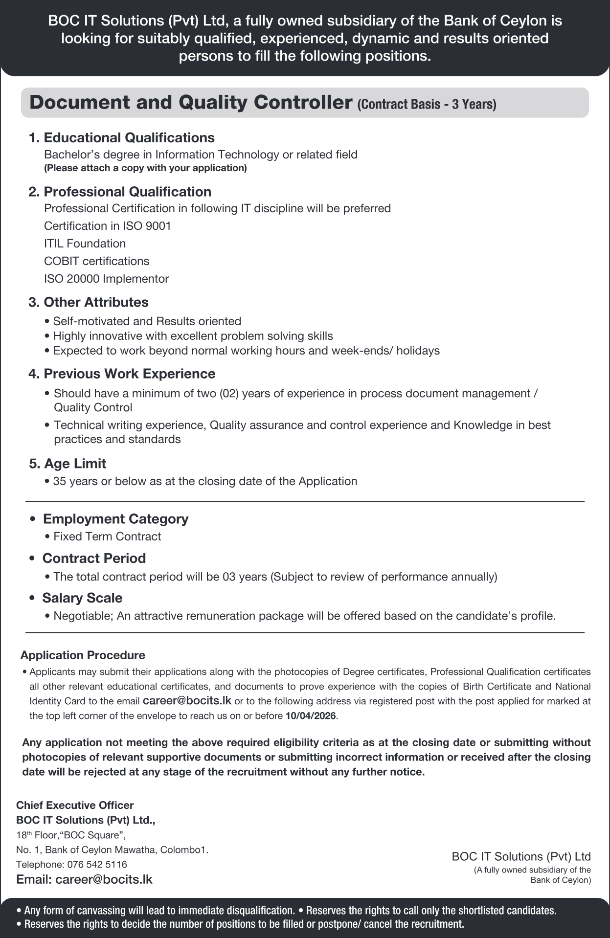 Document and Quality Controller - BOC IT Solutions (Pvt) Ltd