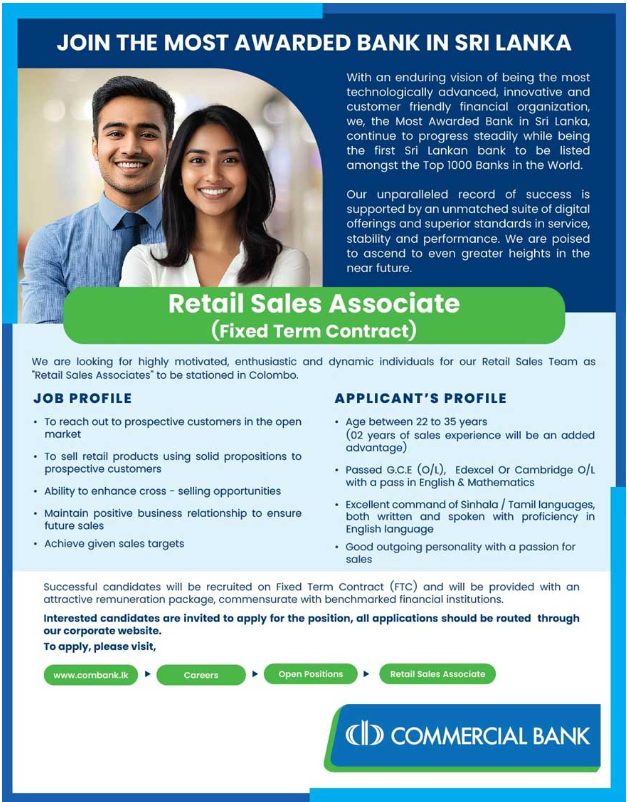 Retail Sales Associate - Commercial Bank of Ceylon PLC